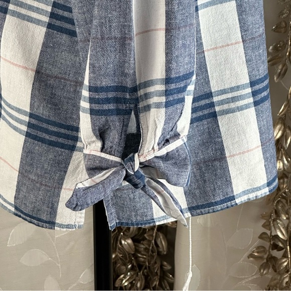 Liz‎ Claiborne Plaid Linen Blend Blouse | M Blue White Tunic Sleeve Tie - Picture 7 of 10